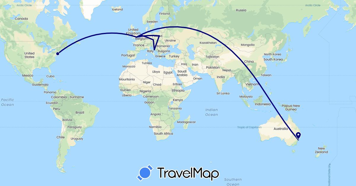 TravelMap itinerary: driving in Australia, Czech Republic, United Kingdom, Croatia, Netherlands, Poland, United States (Europe, North America, Oceania)